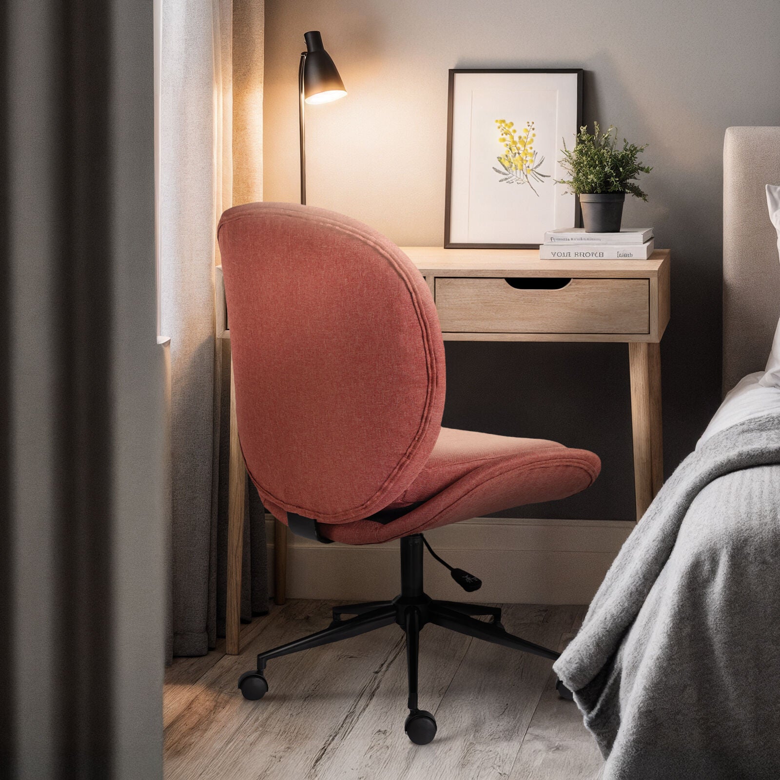 Office Desk Chair - Linen Fabric Armless Swivel Study Seat OVOID EARTHY RED - Image 4