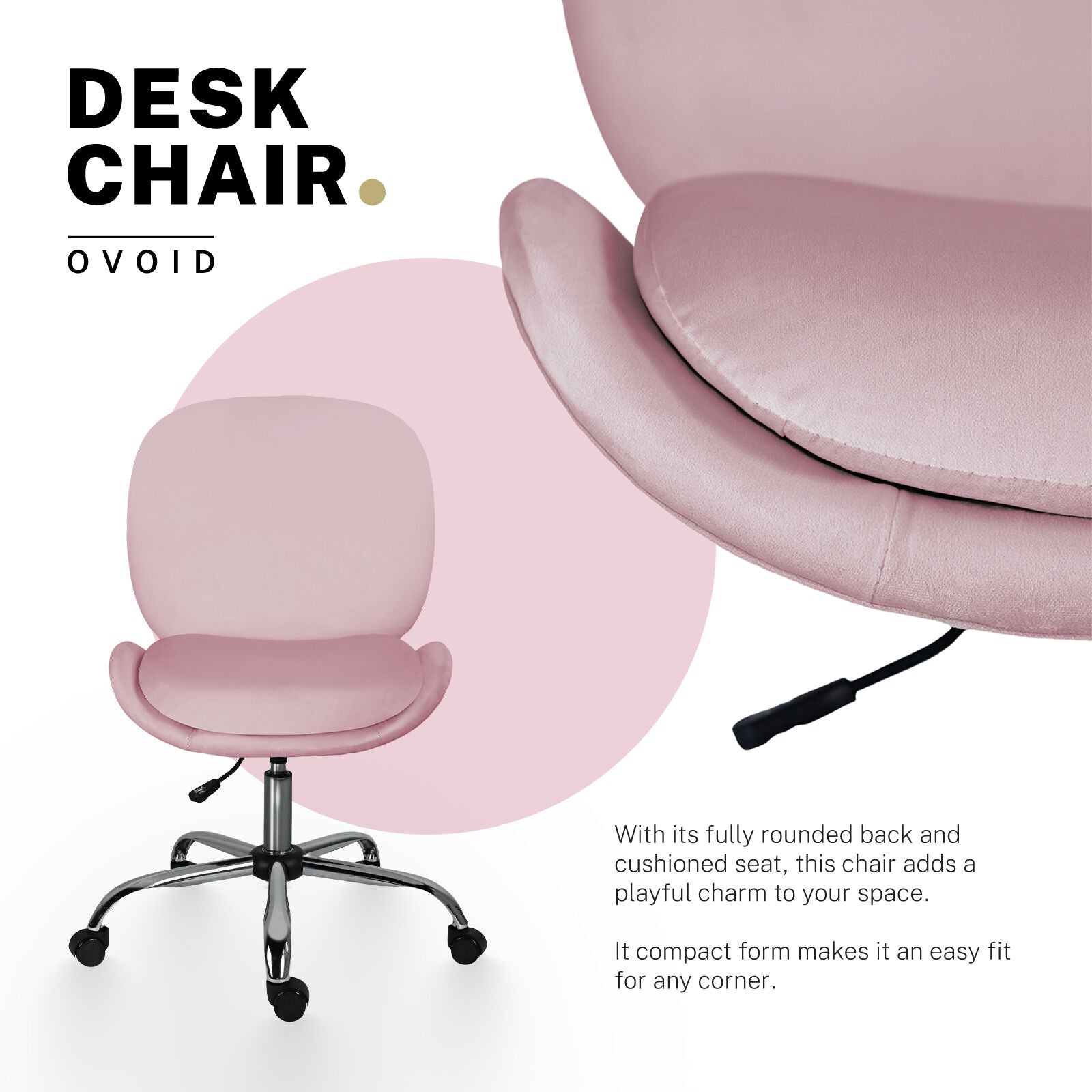 Office Desk Chair - Velvet Armless Swivel Study Seat OVOID PINK - Image 3