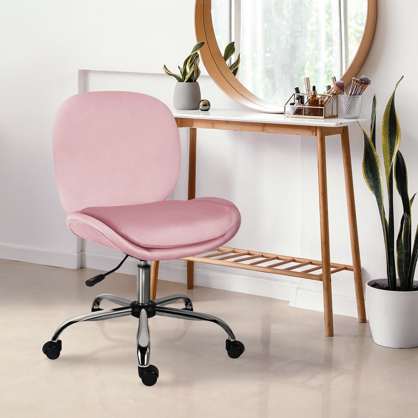 Office Desk Chair - Velvet Armless Swivel Study Seat OVOID PINK - Image 5