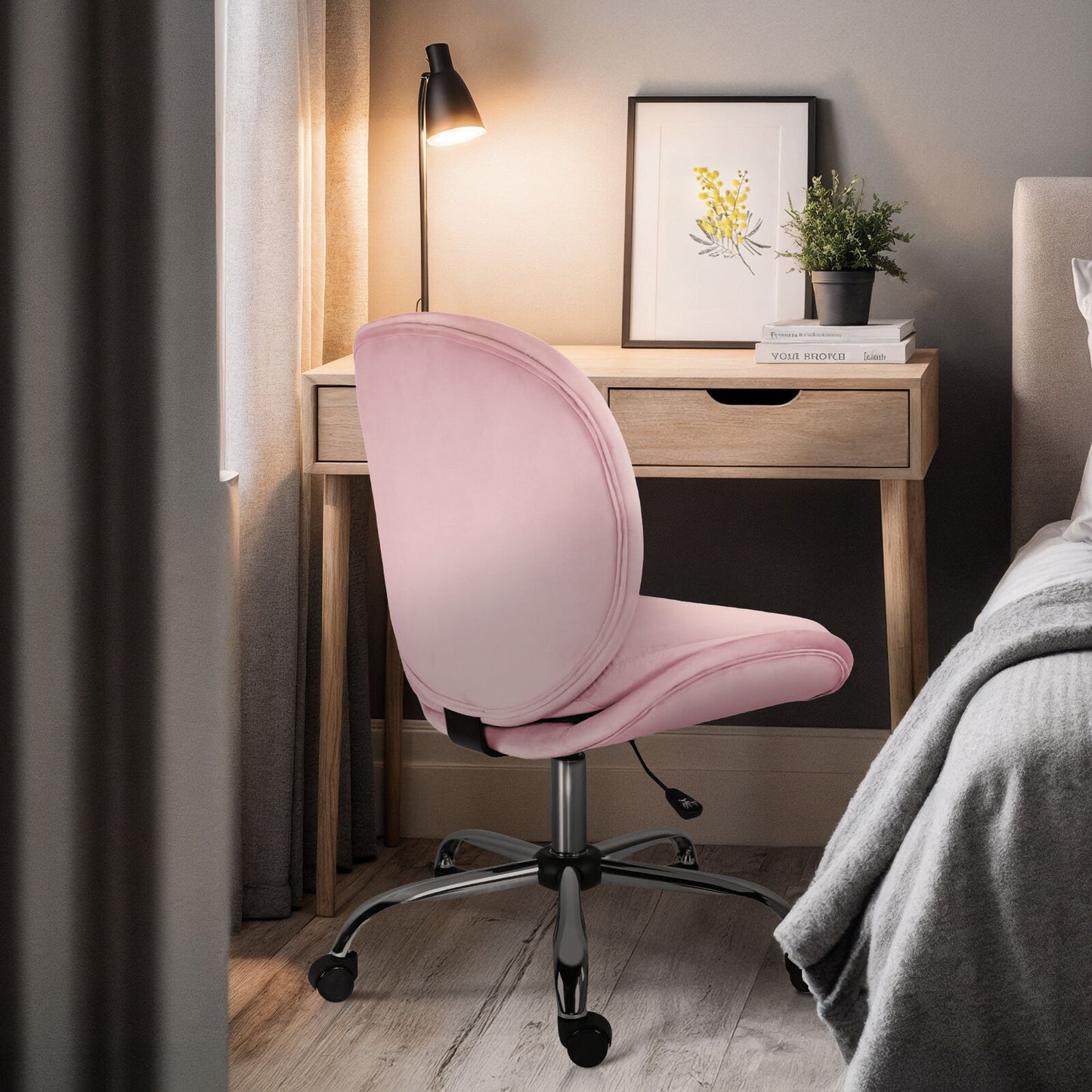 Office Desk Chair - Velvet Armless Swivel Study Seat OVOID PINK - Image 7