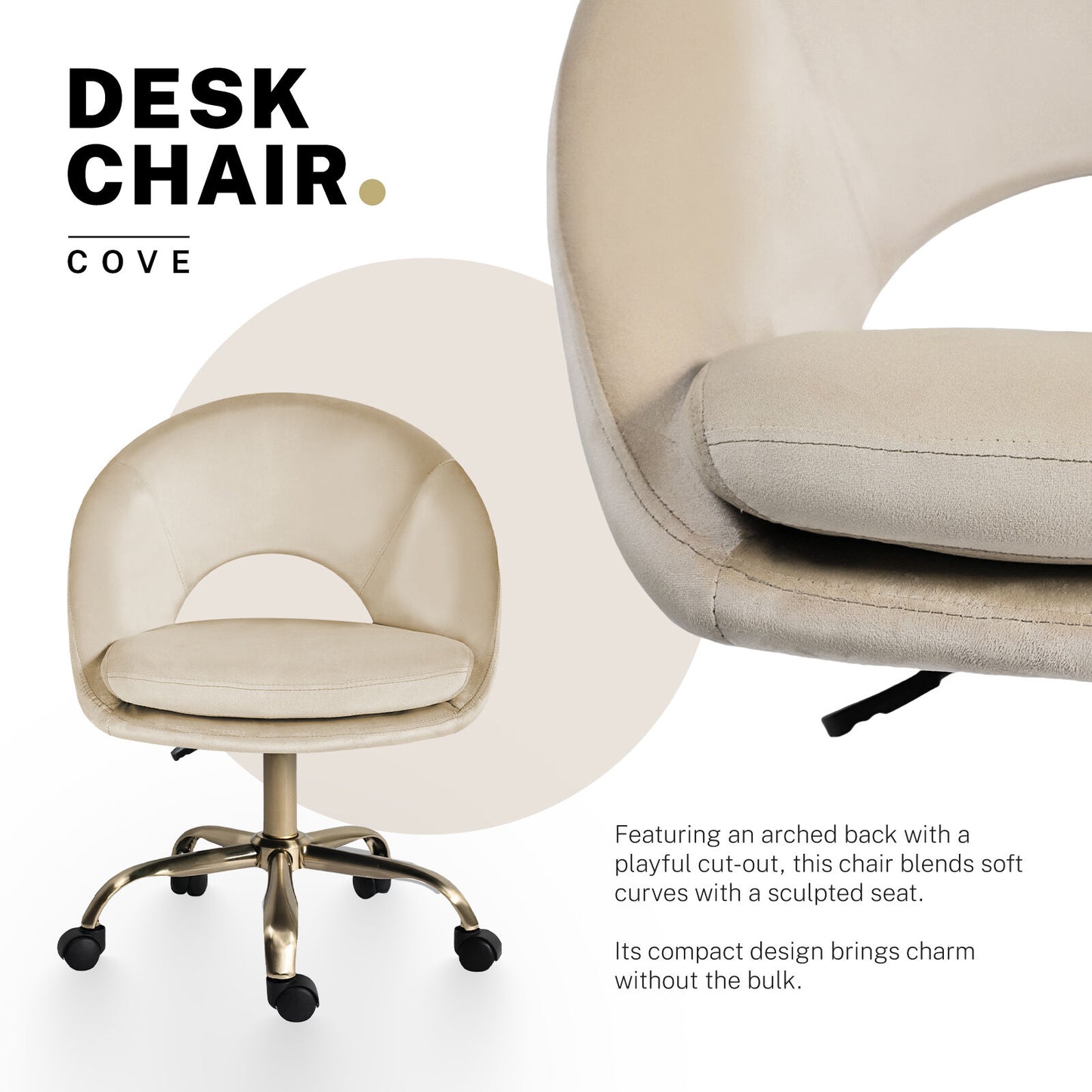 Office Desk Chair - Velvet Home Office Swivel Computer Seat COVE CREAM - Image 3