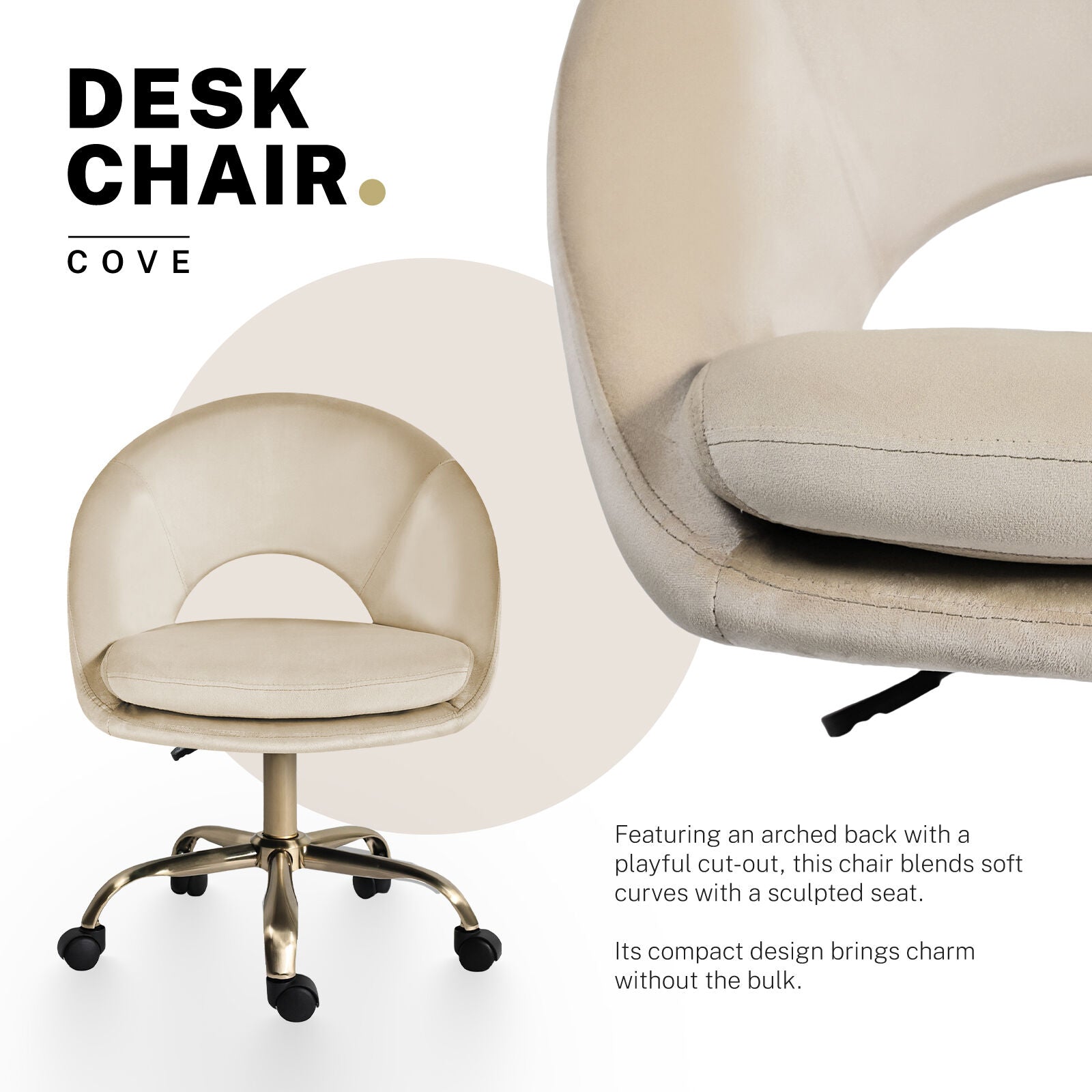 Office Desk Chair - Velvet Home Office Swivel Computer Seat COVE CREAM - Image 3