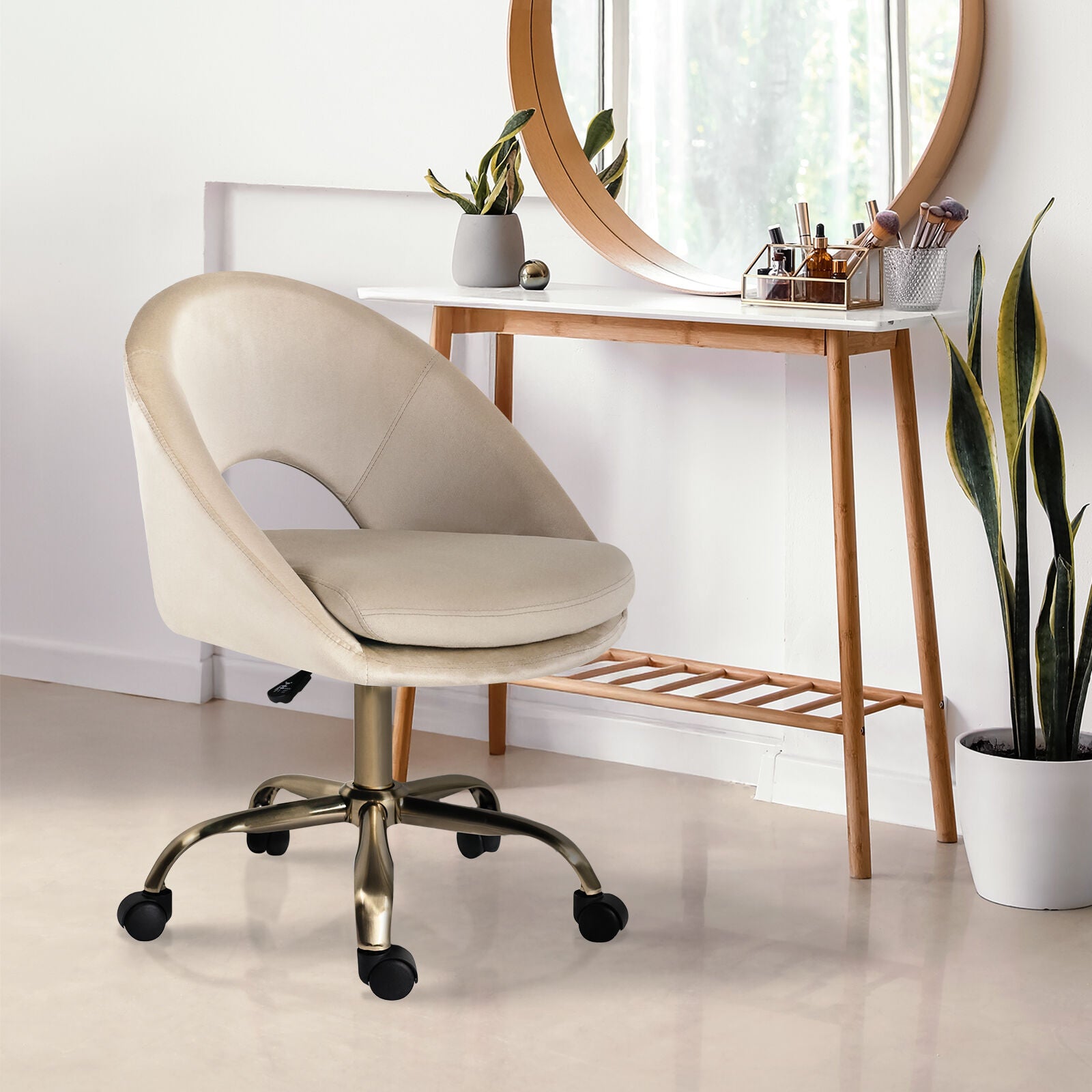 Office Desk Chair - Velvet Home Office Swivel Computer Seat COVE CREAM - Image 5