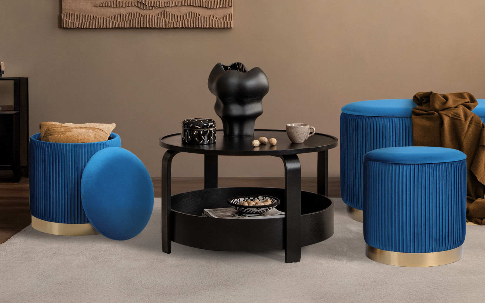 3 Piece Set Storage Ottoman - Blanket Box Velvet Padded Bench Stool FAYE BLUE - Image 2