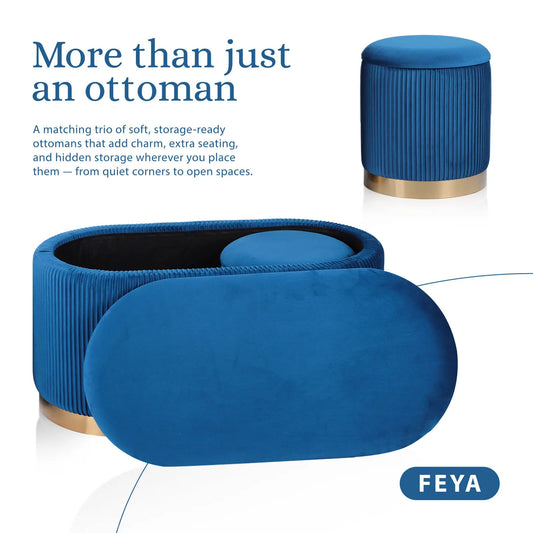 3 Piece Set Storage Ottoman - Blanket Box Velvet Padded Bench Stool FAYE BLUE - Image 3