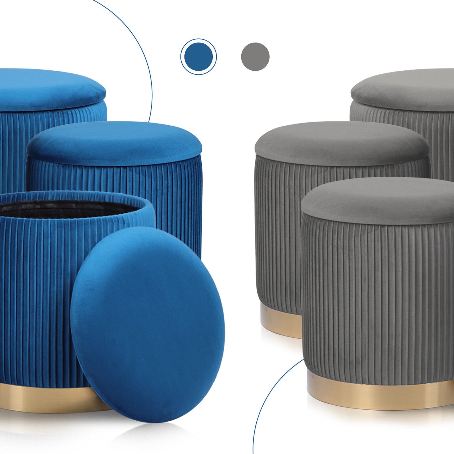 3 Piece Set Storage Ottoman - Blanket Box Velvet Padded Bench Stool FAYE BLUE - Image 4