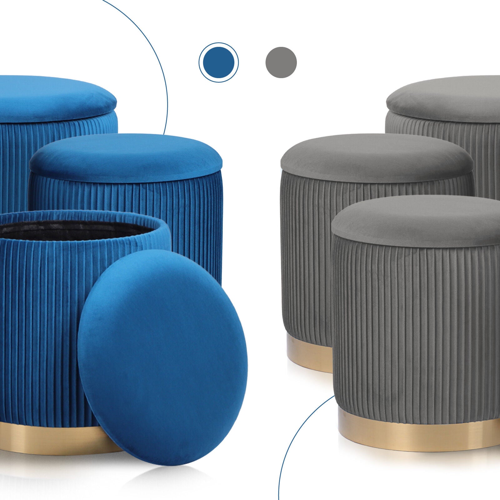 3 Piece Set Storage Ottoman - Blanket Box Velvet Padded Bench Stool FAYE BLUE - Image 4