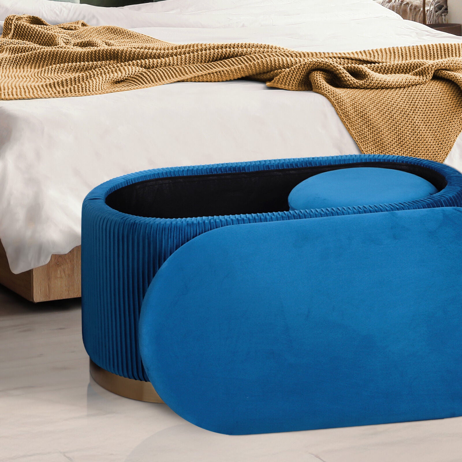 3 Piece Set Storage Ottoman - Blanket Box Velvet Padded Bench Stool FAYE BLUE - Image 5