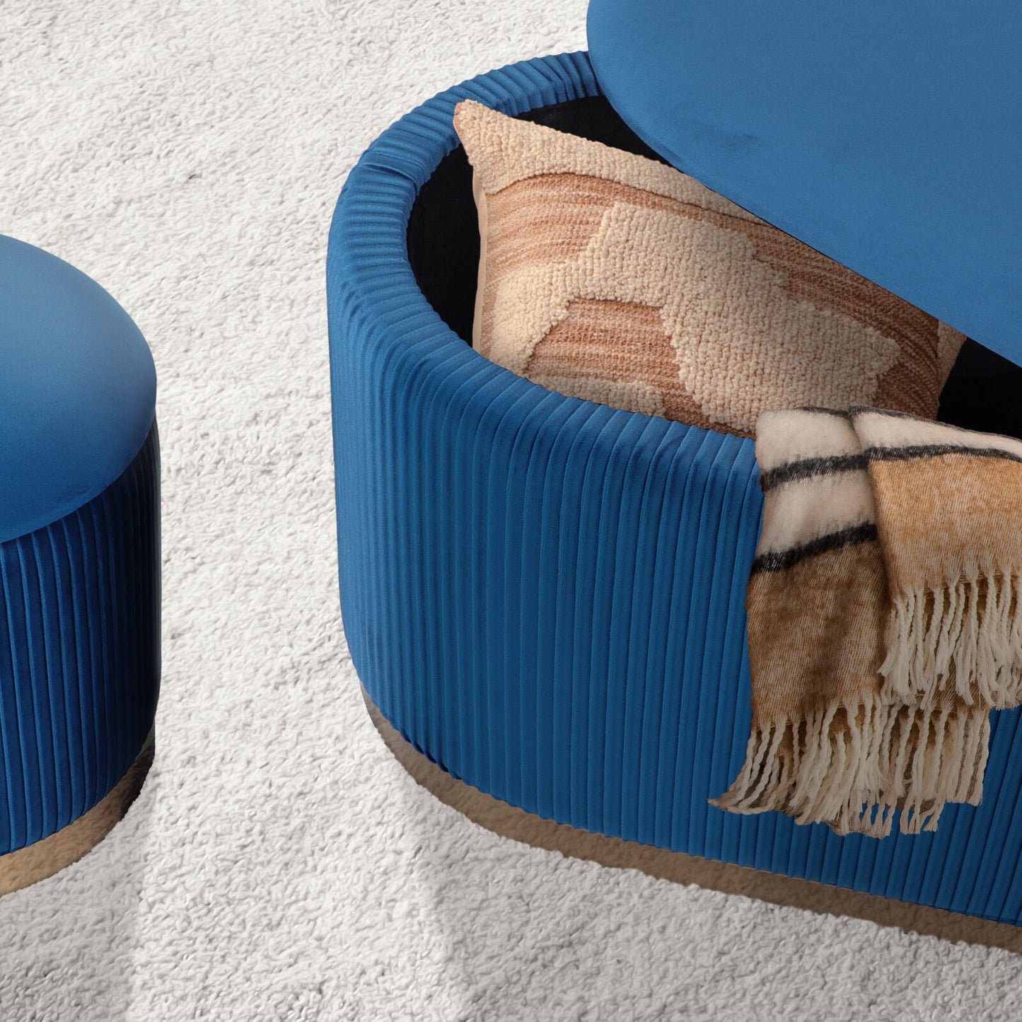 3 Piece Set Storage Ottoman - Blanket Box Velvet Padded Bench Stool FAYE BLUE - Image 8