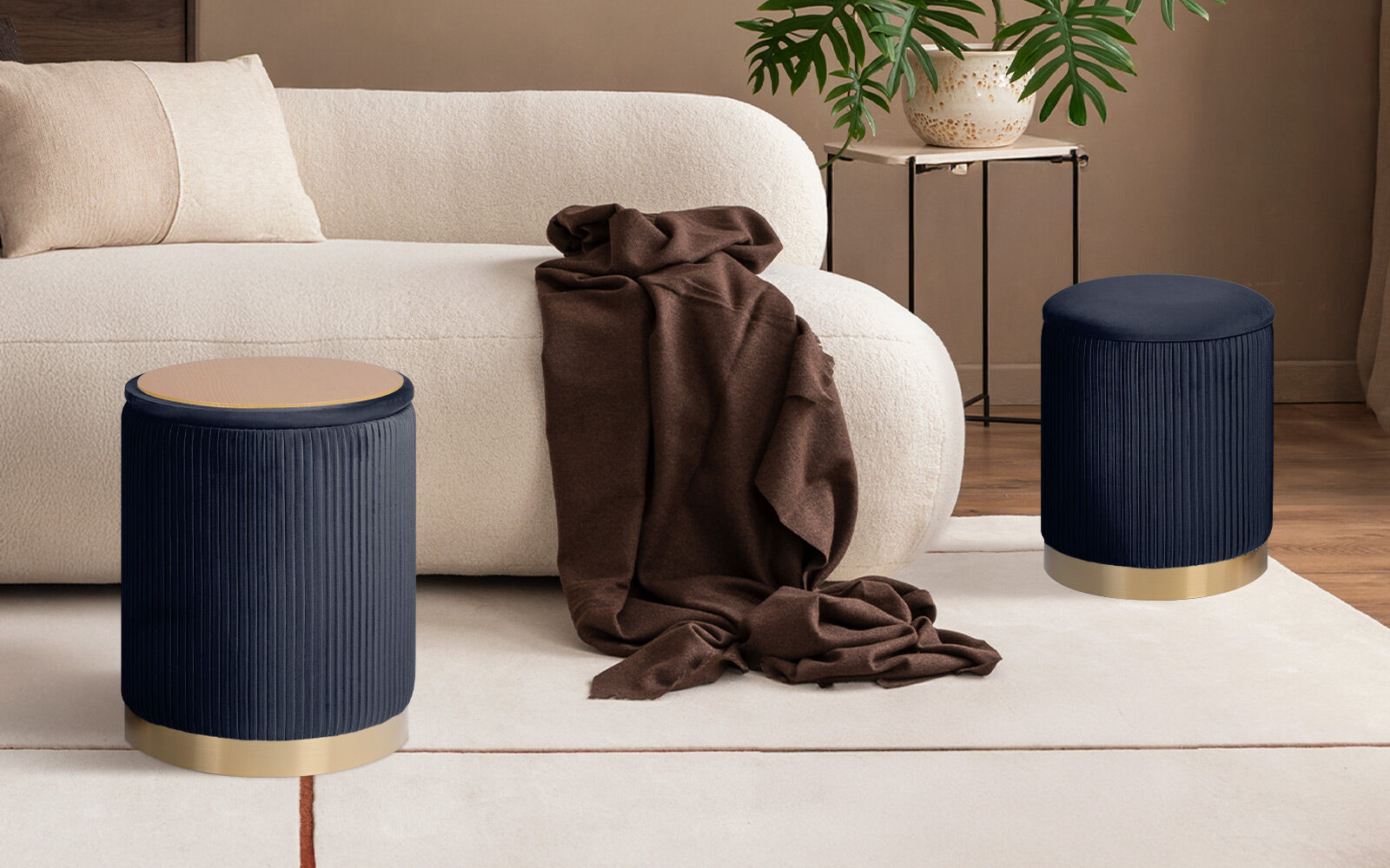 2X Side Table Storage Ottoman - Velvet Stool MIRA Black - Image 2
