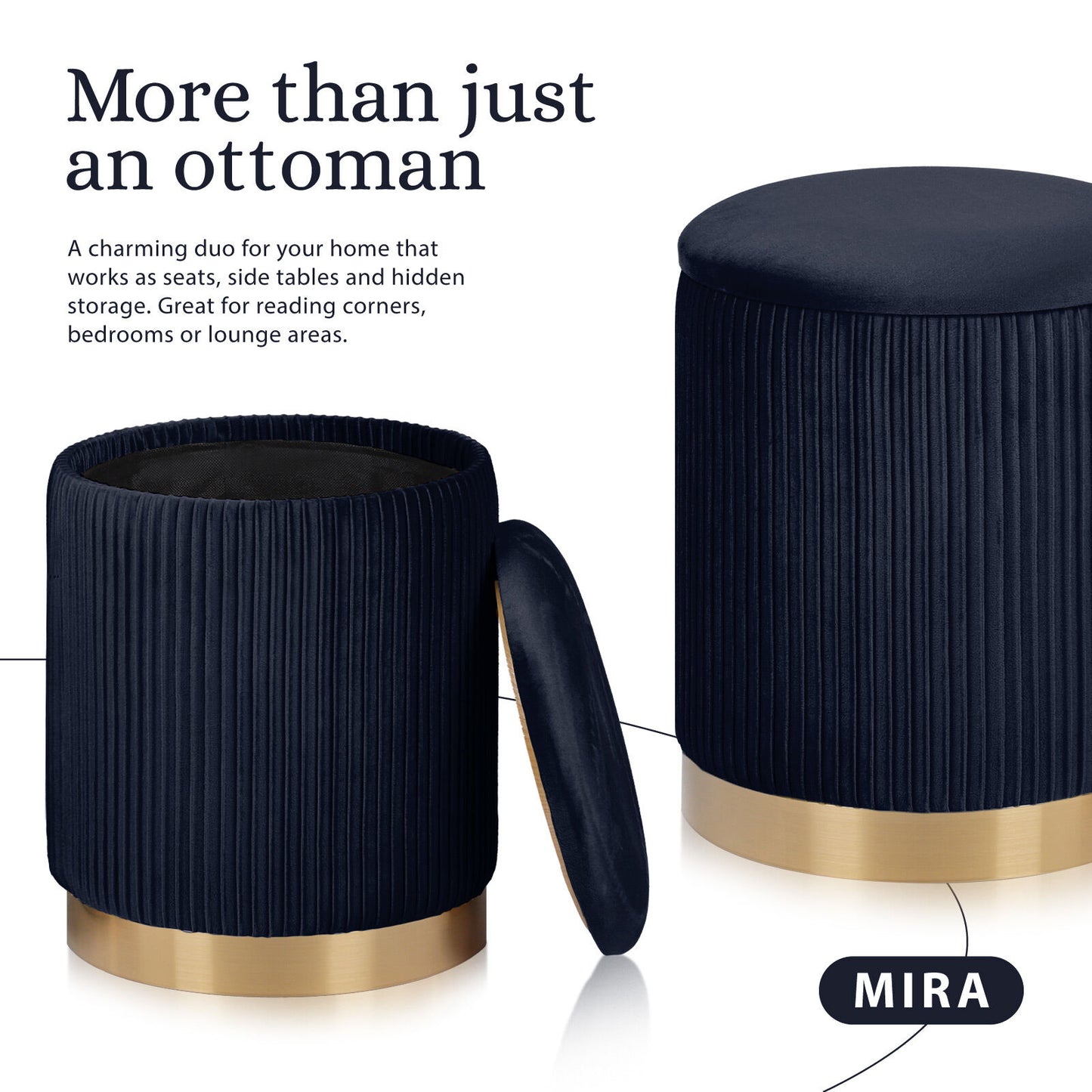 2X Side Table Storage Ottoman - Velvet Stool MIRA Black - Image 3