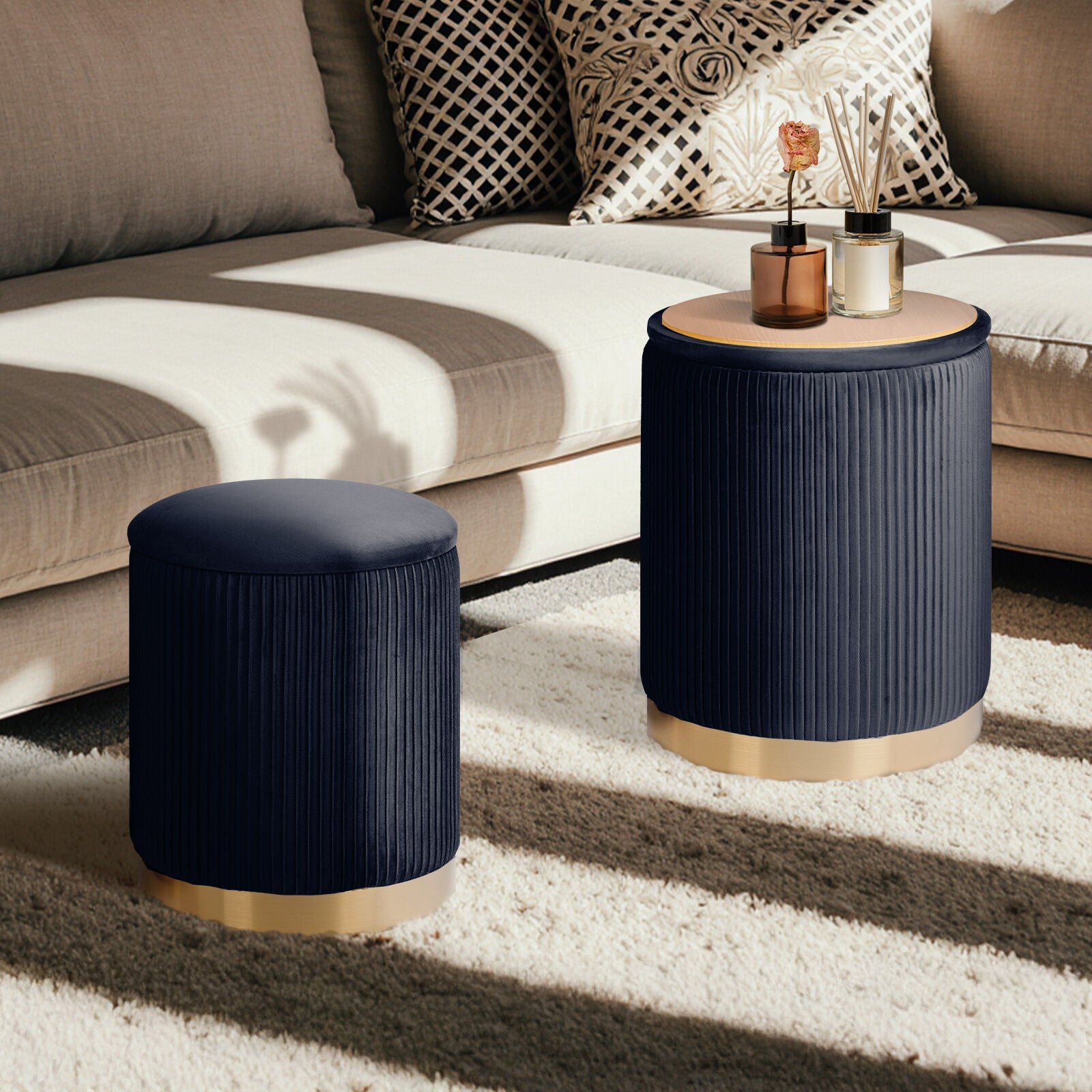 2X Side Table Storage Ottoman - Velvet Stool MIRA Black - Image 6