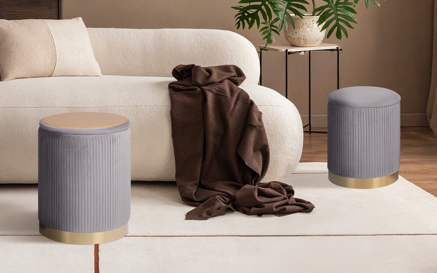 2X Side Table Storage Ottoman - Velvet Stool MIRA Grey - Image 2