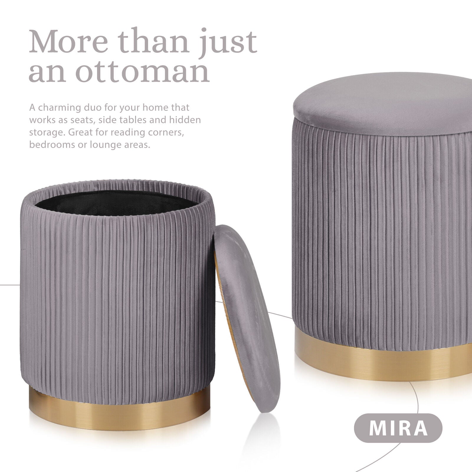 2X Side Table Storage Ottoman - Velvet Stool MIRA Grey - Image 3
