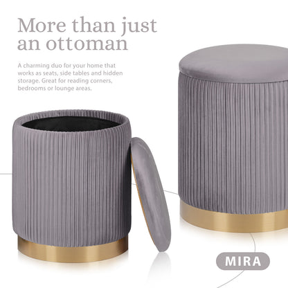 2X Side Table Storage Ottoman - Velvet Stool MIRA Grey - Image 3