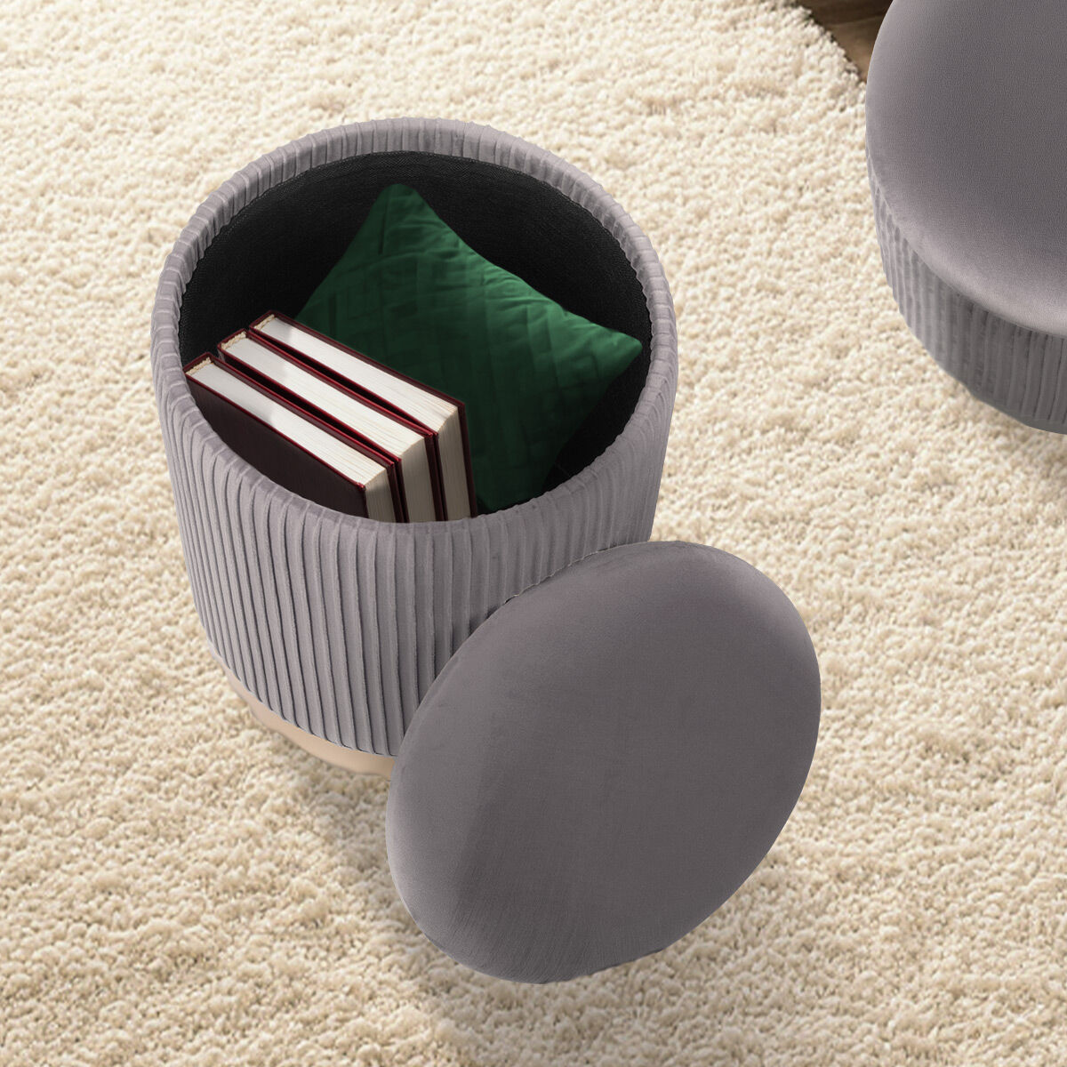 2X Side Table Storage Ottoman - Velvet Stool MIRA Grey - Image 5