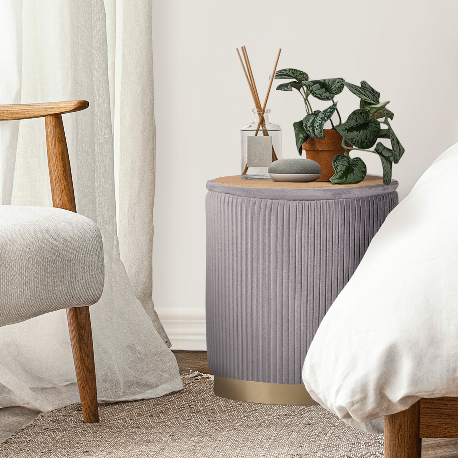 2X Side Table Storage Ottoman - Velvet Stool MIRA Grey - Image 9