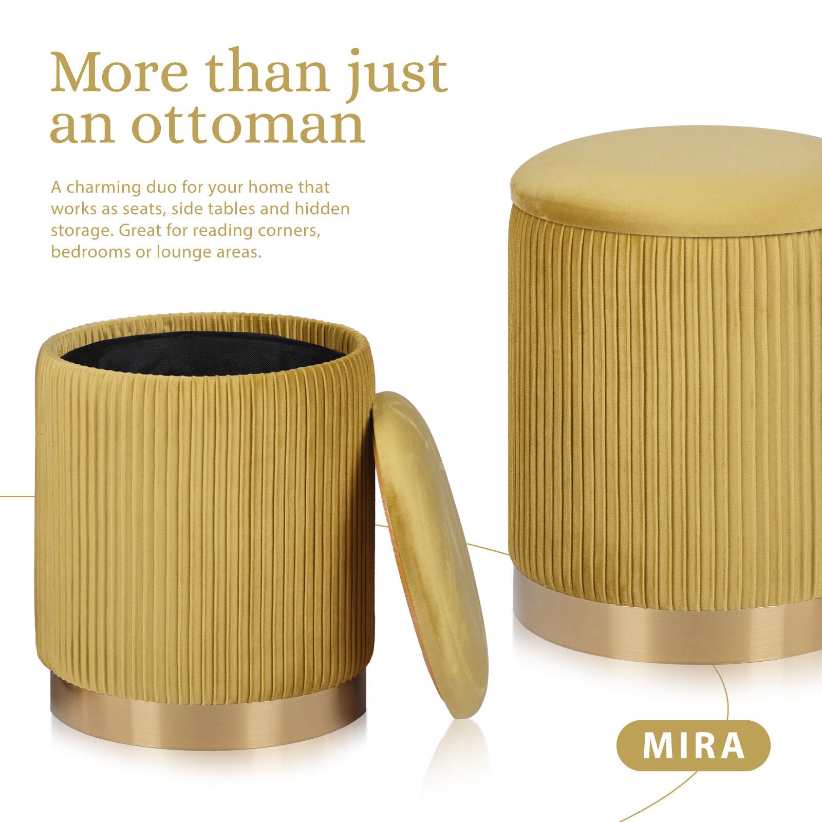 2X Side Table Storage Ottoman - Velvet Stool MIRA Mustard - Image 3