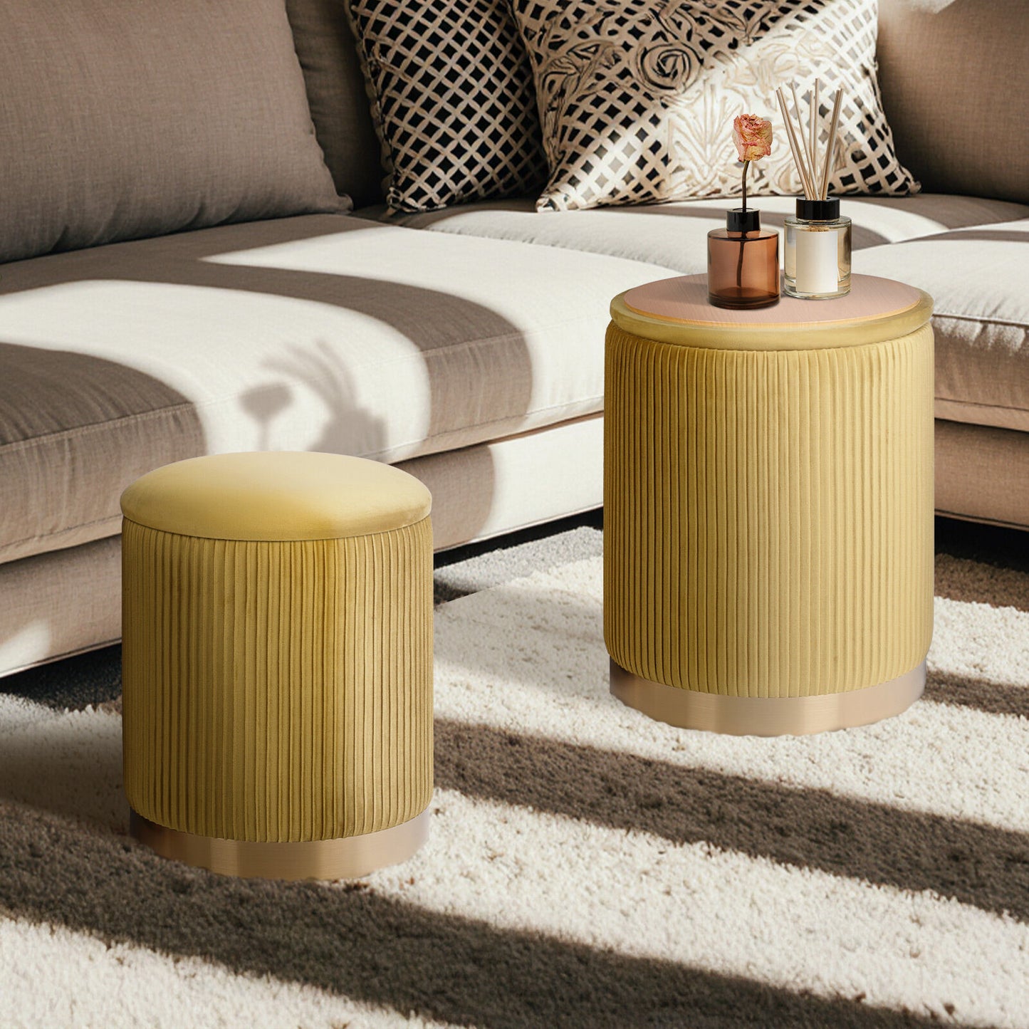 2X Side Table Storage Ottoman - Velvet Stool MIRA Mustard - Image 7