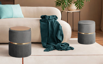 2X Side Table Storage Ottoman - Velvet Padded Stool Vanity Footstool REMI GREY - Image 2