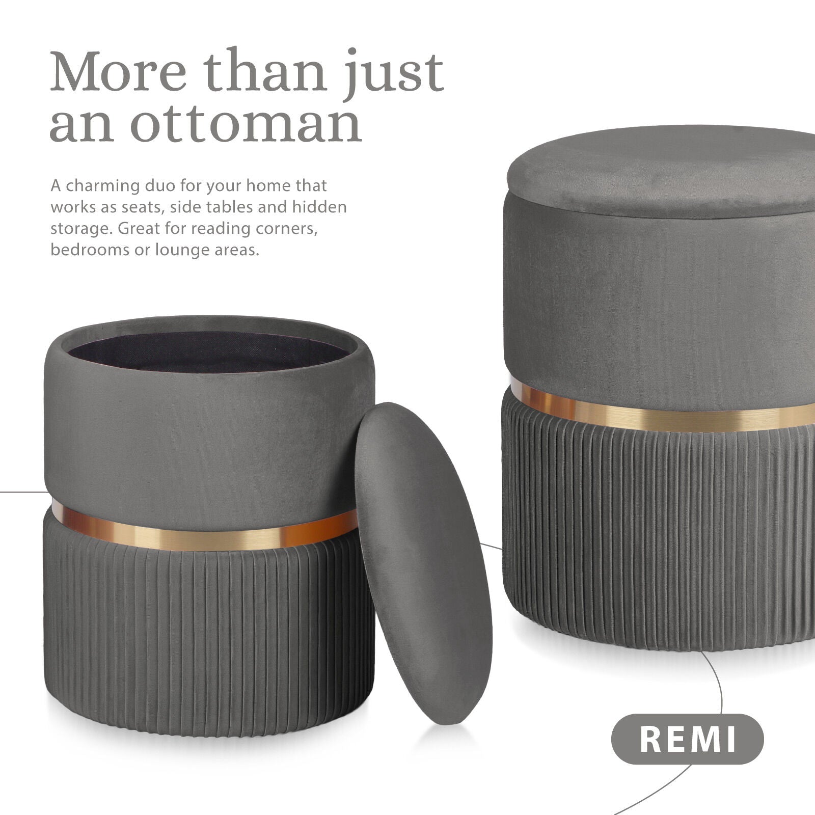 2X Side Table Storage Ottoman - Velvet Padded Stool Vanity Footstool REMI GREY - Image 3