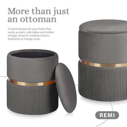 2X Side Table Storage Ottoman - Velvet Padded Stool Vanity Footstool REMI GREY - Image 3