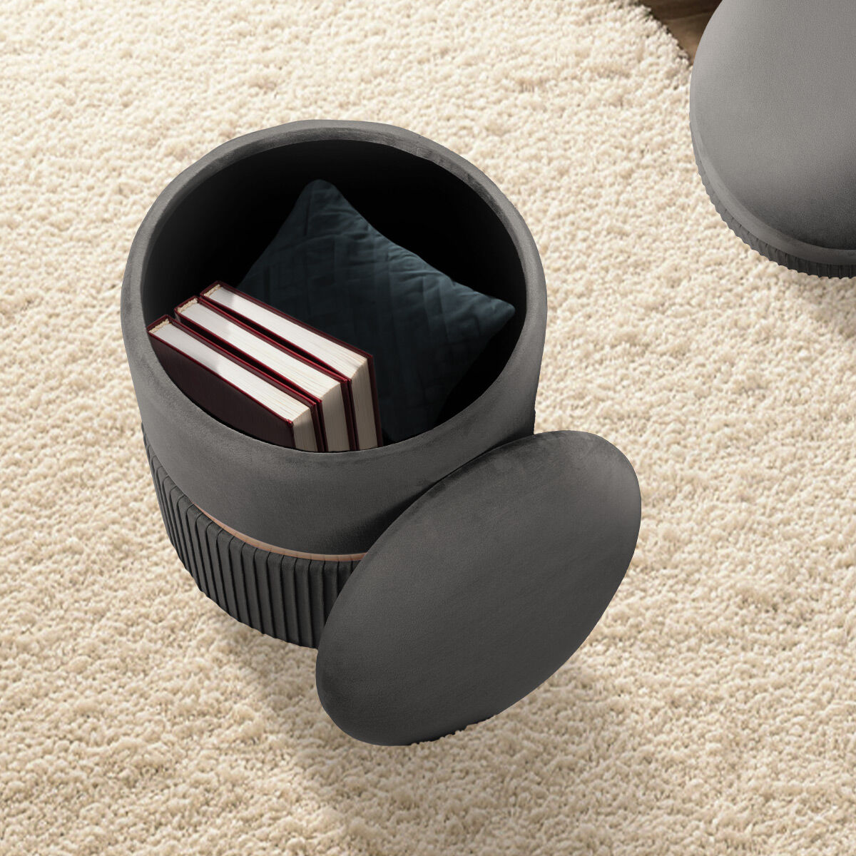 2X Side Table Storage Ottoman - Velvet Padded Stool Vanity Footstool REMI GREY - Image 4