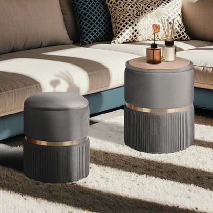2X Side Table Storage Ottoman - Velvet Padded Stool Vanity Footstool REMI GREY - Image 5