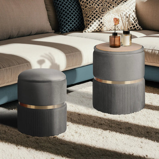 2X Side Table Storage Ottoman - Velvet Padded Stool Vanity Footstool REMI GREY - Image 5