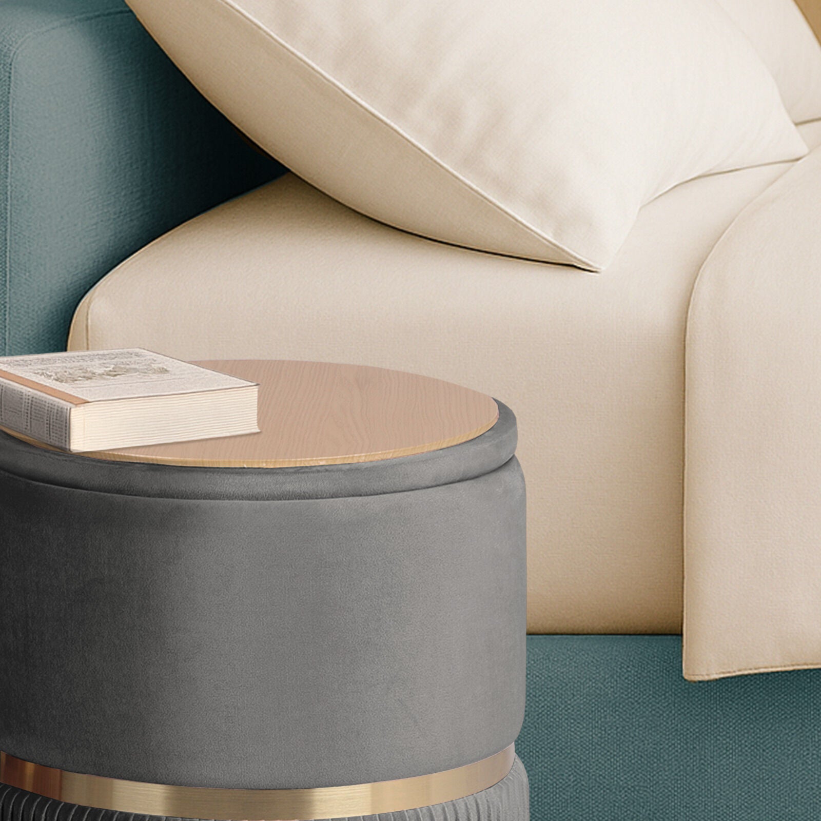 2X Side Table Storage Ottoman - Velvet Padded Stool Vanity Footstool REMI GREY - Image 6