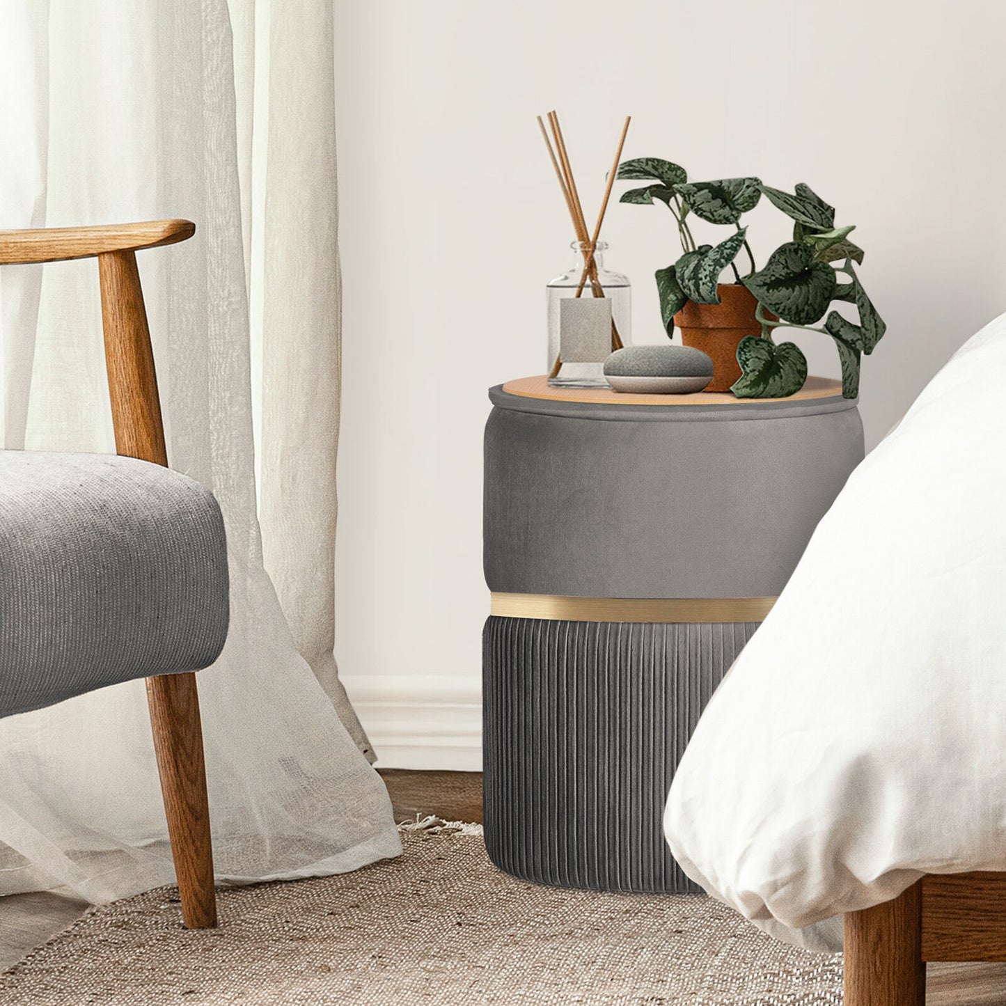 2X Side Table Storage Ottoman - Velvet Padded Stool Vanity Footstool REMI GREY - Image 9