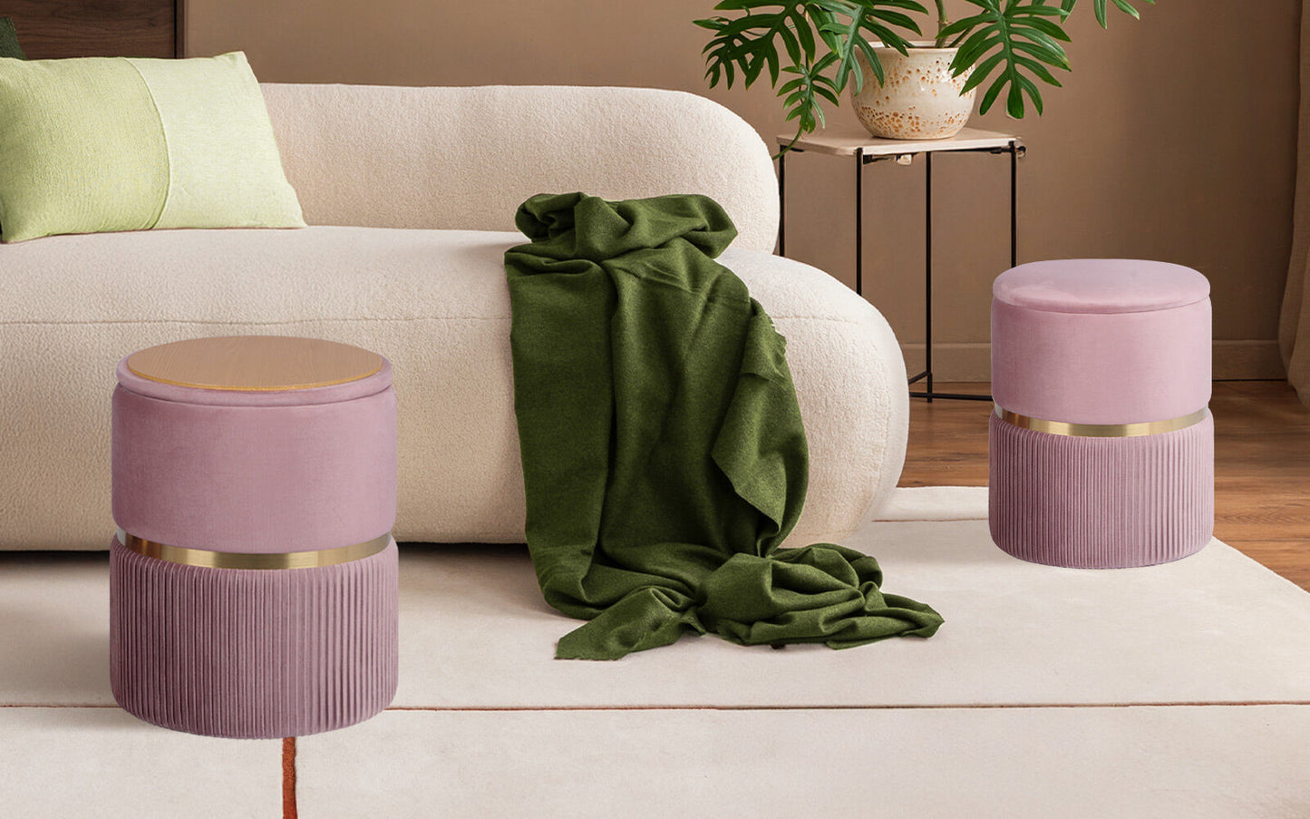 2X Side Table Storage Ottoman - Velvet Padded Stool Vanity Footstool REMI Pink - Image 2