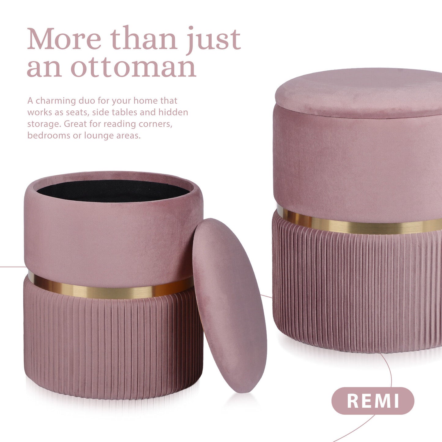 2X Side Table Storage Ottoman - Velvet Padded Stool Vanity Footstool REMI Pink - Image 3