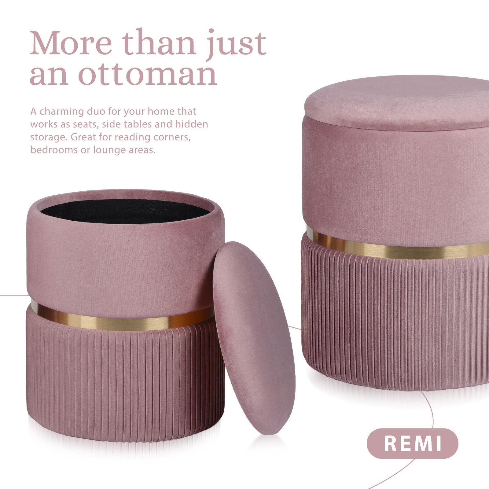 2X Side Table Storage Ottoman - Velvet Padded Stool Vanity Footstool REMI Pink - Image 3