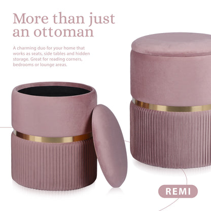 2X Side Table Storage Ottoman - Velvet Padded Stool Vanity Footstool REMI Pink - Image 3
