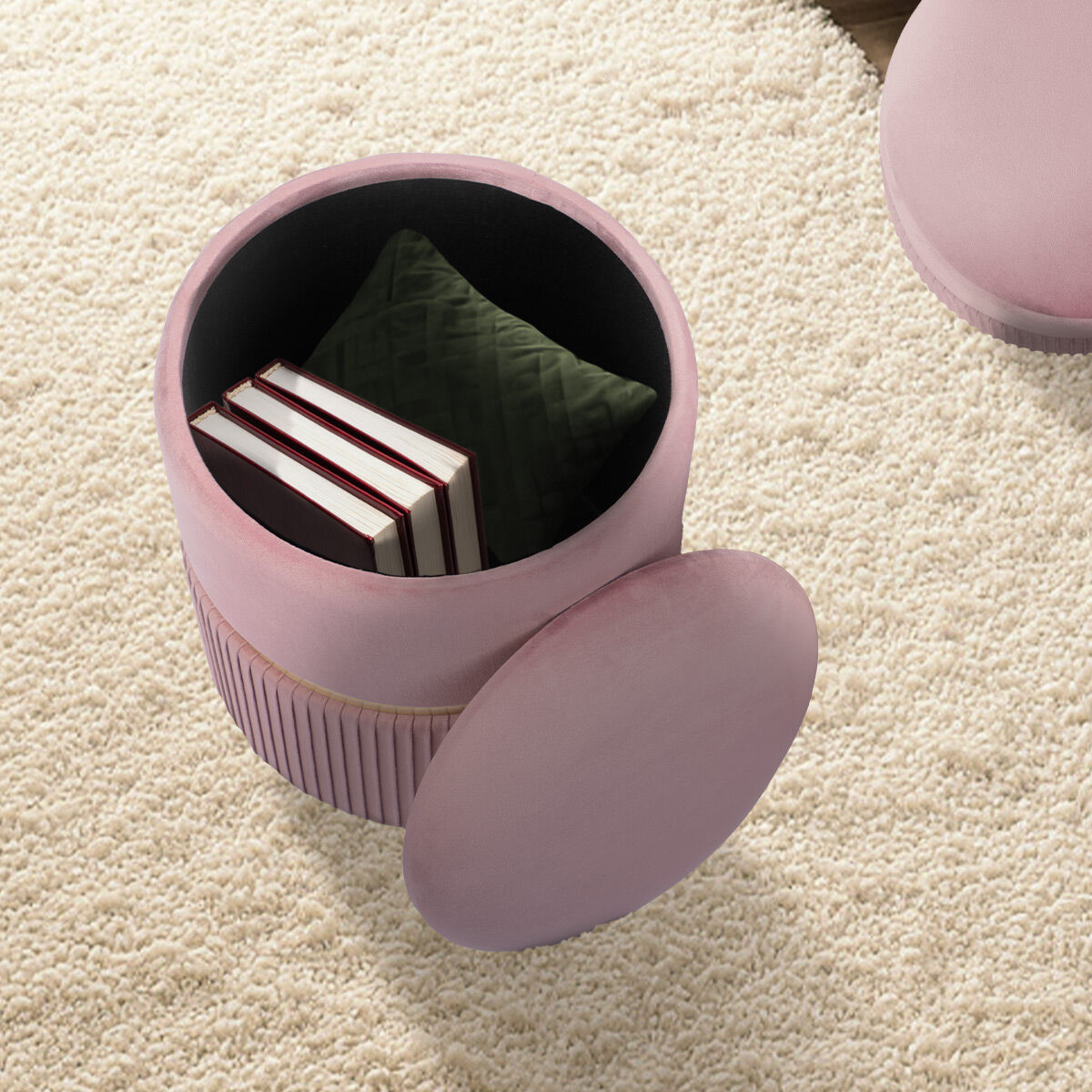 2X Side Table Storage Ottoman - Velvet Padded Stool Vanity Footstool REMI Pink - Image 4