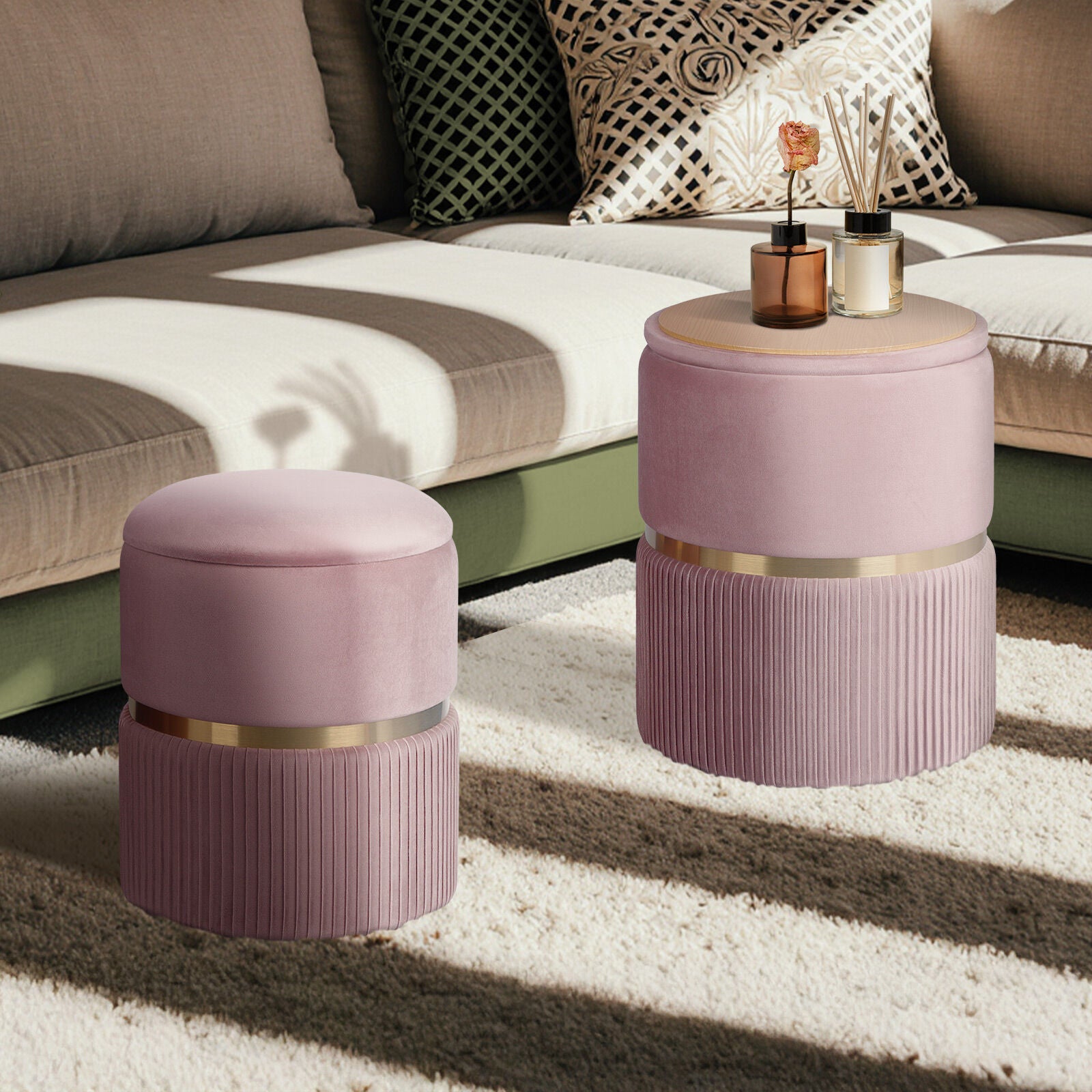 2X Side Table Storage Ottoman - Velvet Padded Stool Vanity Footstool REMI Pink - Image 6