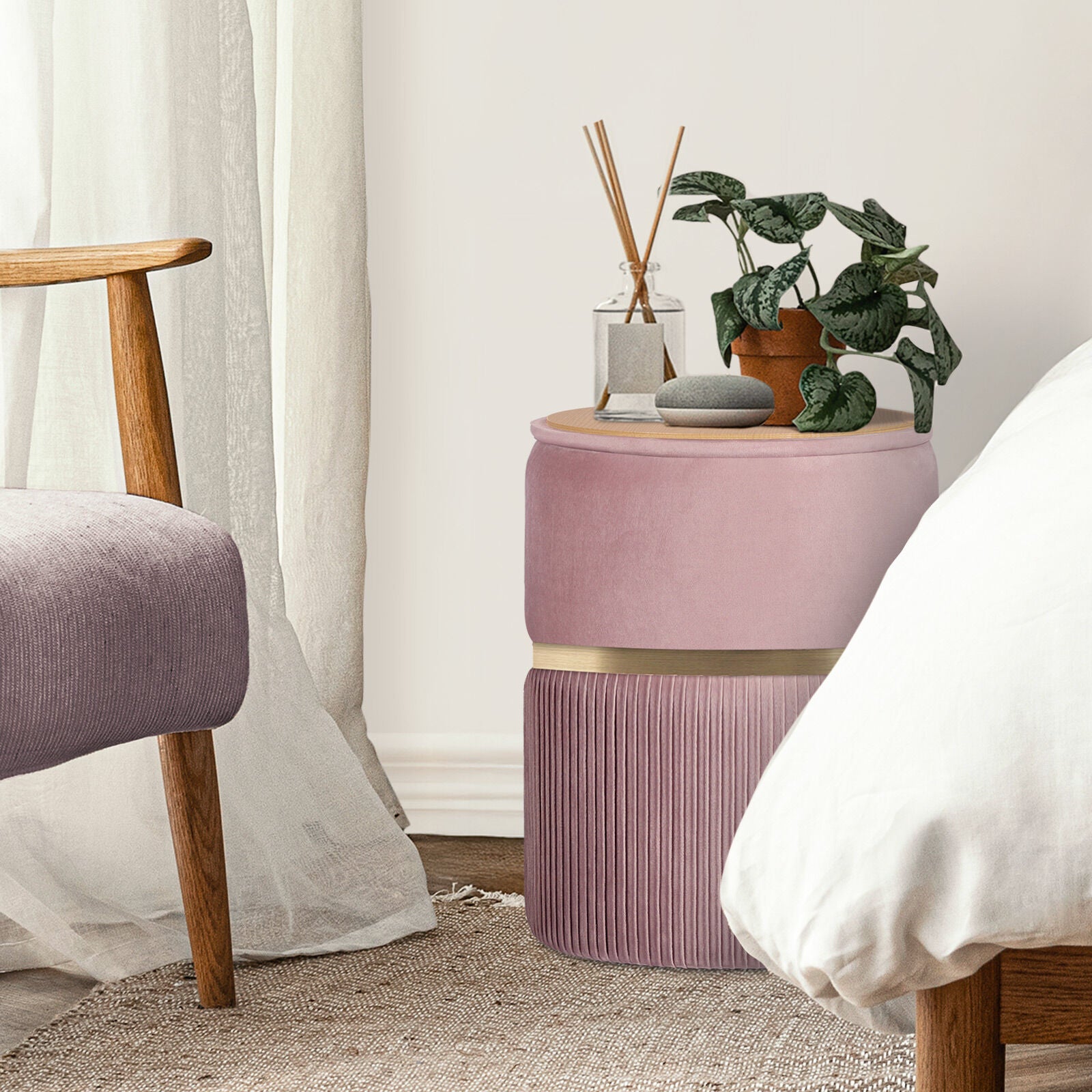 2X Side Table Storage Ottoman - Velvet Padded Stool Vanity Footstool REMI Pink - Image 8