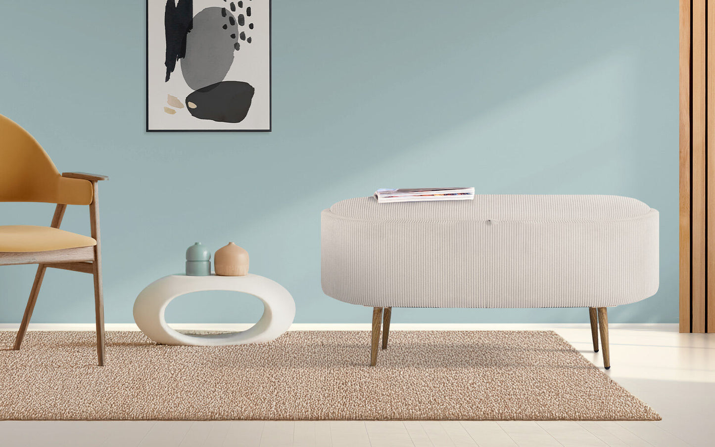 Coffee Table Storage Ottoman - Corduroy Padded Blanket Box Bench ESME CREAM - Image 2