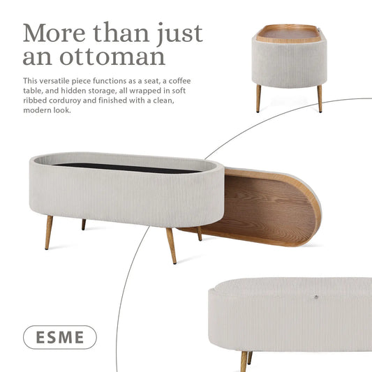 Coffee Table Storage Ottoman - Corduroy Padded Blanket Box Bench ESME CREAM - Image 3