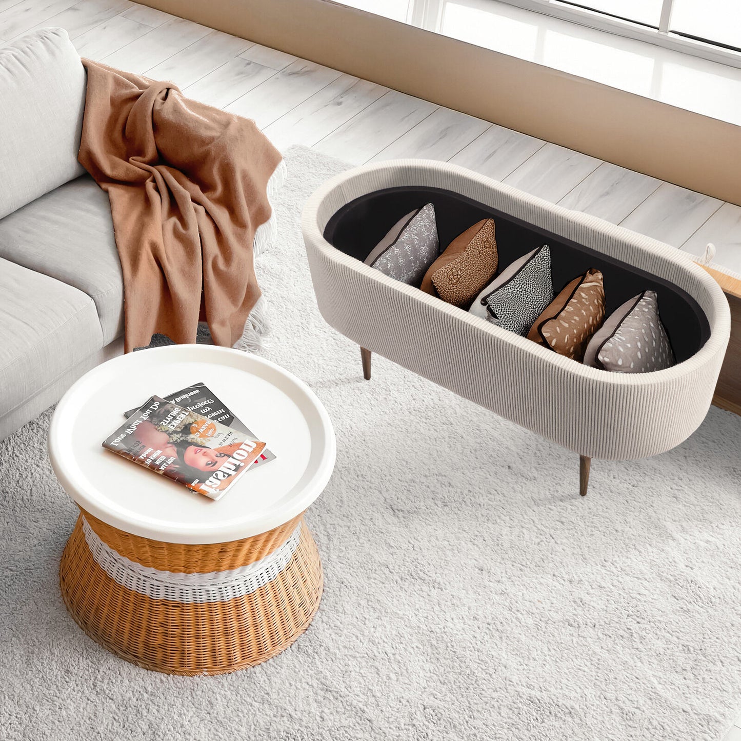 Coffee Table Storage Ottoman - Corduroy Padded Blanket Box Bench ESME CREAM - Image 5