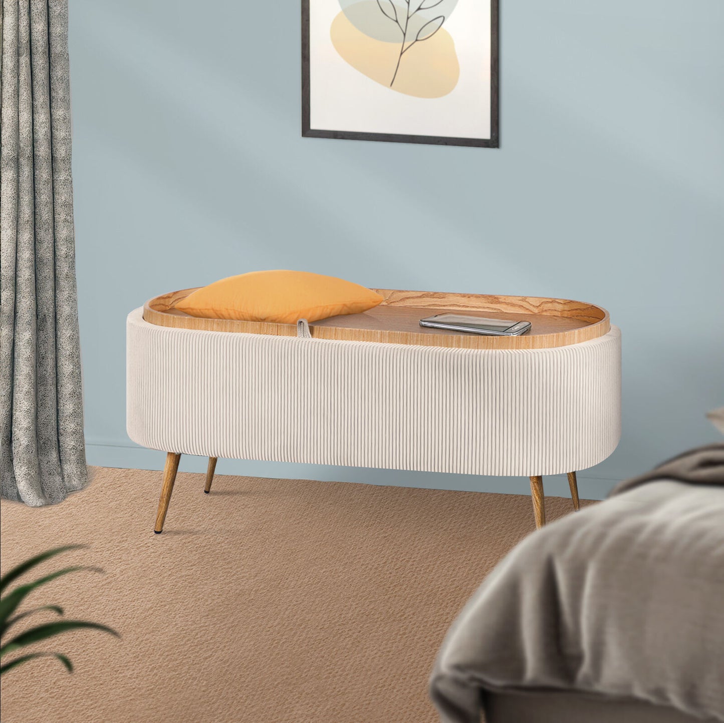 Coffee Table Storage Ottoman - Corduroy Padded Blanket Box Bench ESME CREAM - Image 6