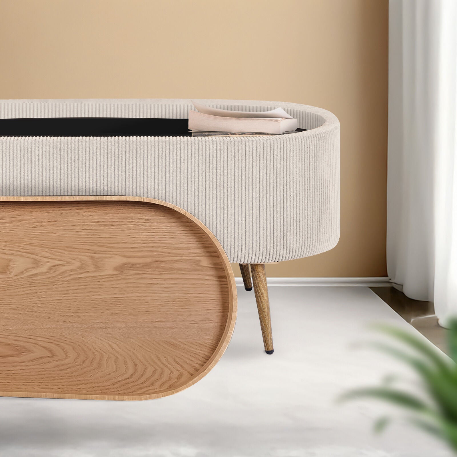 Coffee Table Storage Ottoman - Corduroy Padded Blanket Box Bench ESME CREAM - Image 9