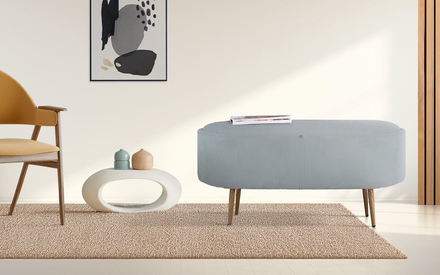 Coffee Table Storage Ottoman - Corduroy Padded Blanket Box Bench ESME - DUSTY BLUE - Image 2