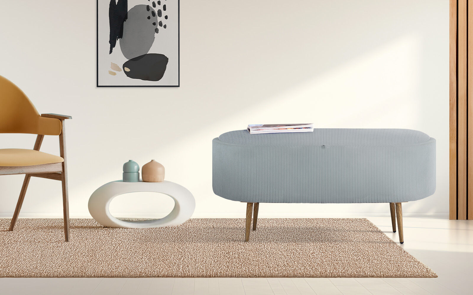 Coffee Table Storage Ottoman - Corduroy Padded Blanket Box Bench ESME - DUSTY BLUE - Image 2