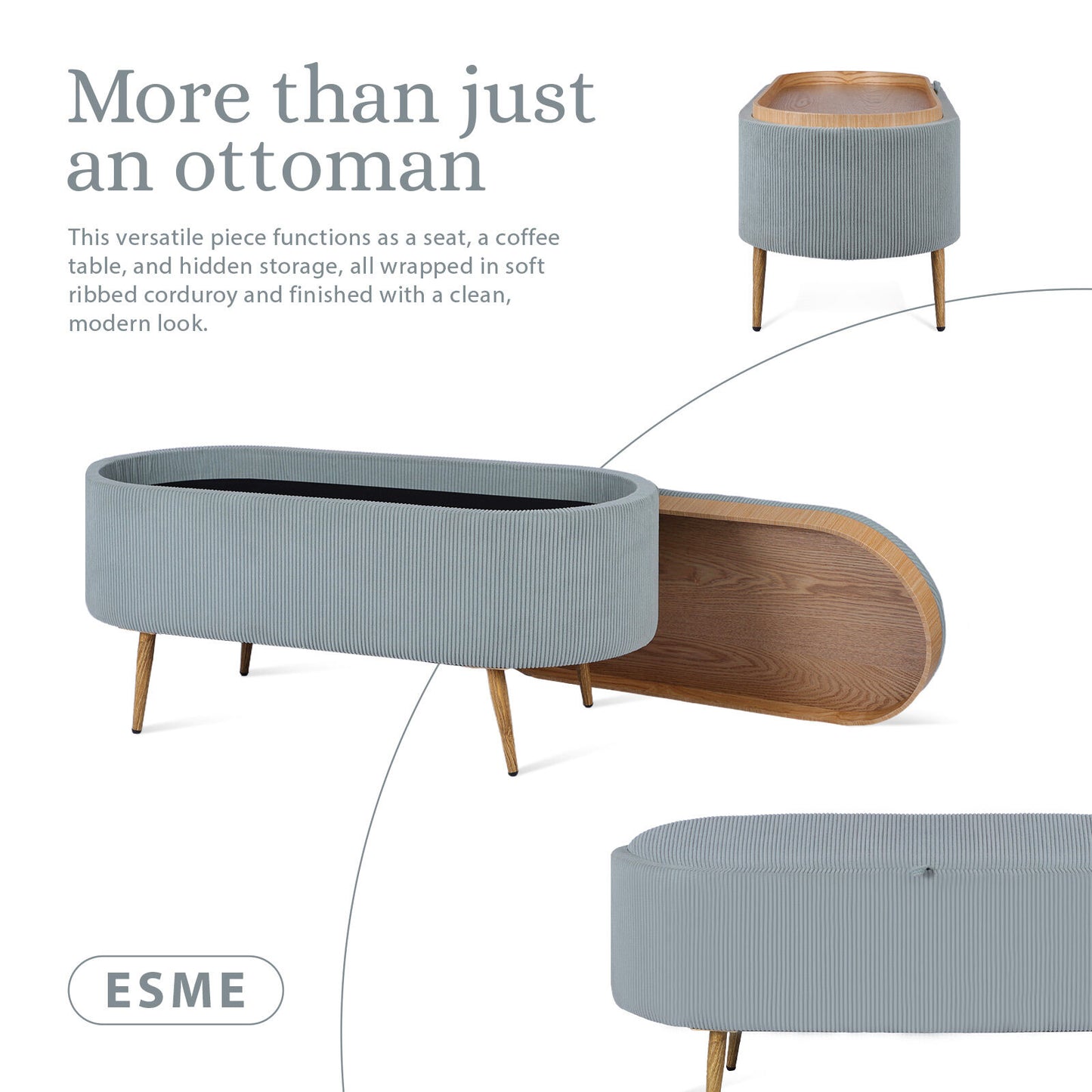 Coffee Table Storage Ottoman - Corduroy Padded Blanket Box Bench ESME - DUSTY BLUE - Image 3