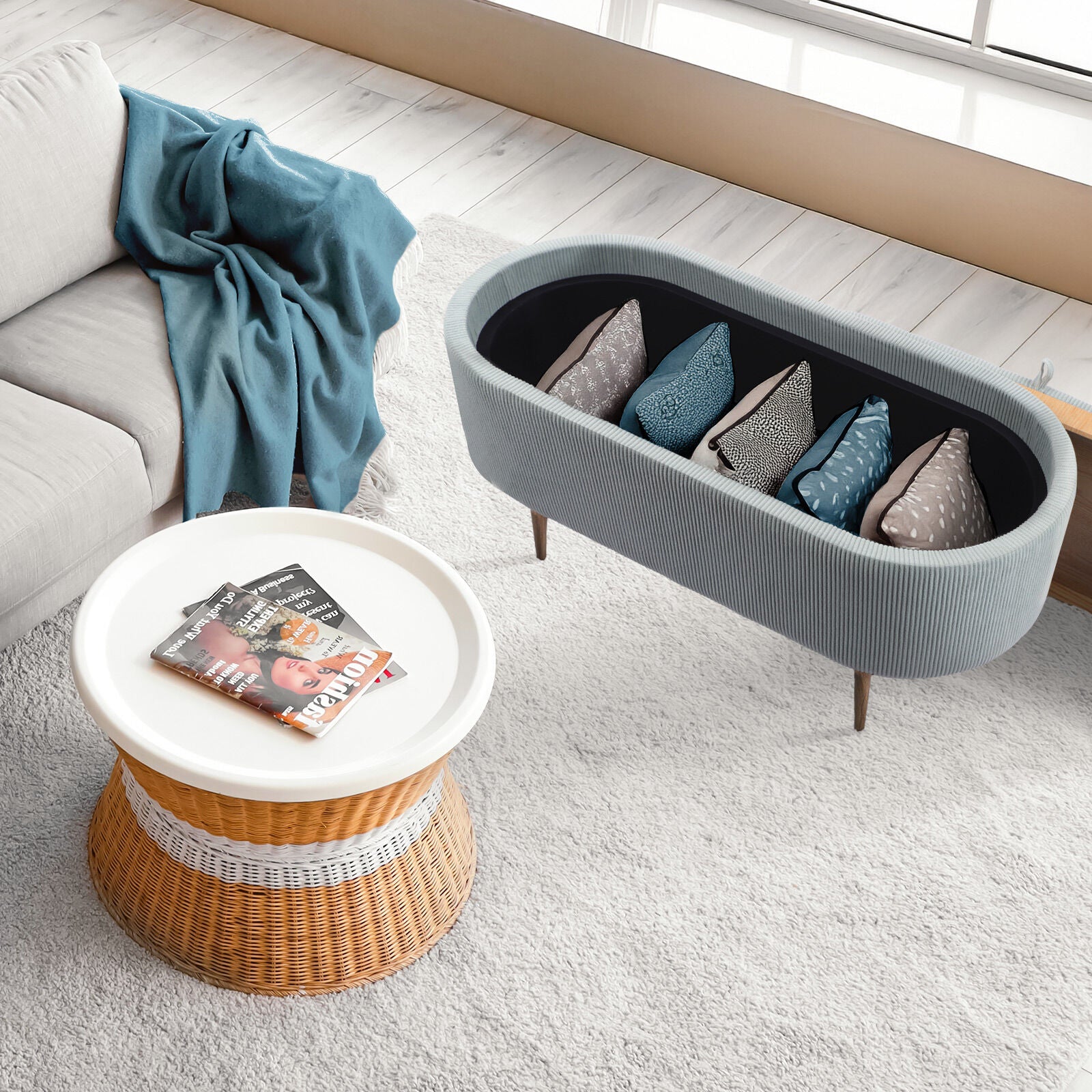 Coffee Table Storage Ottoman - Corduroy Padded Blanket Box Bench ESME - DUSTY BLUE - Image 5