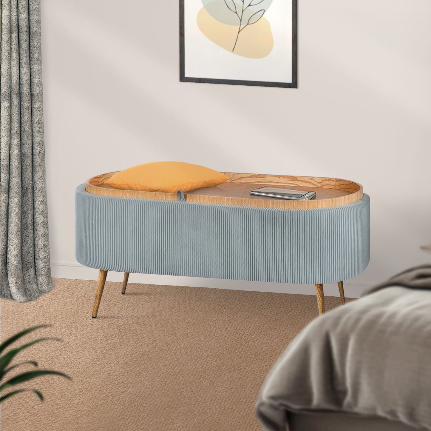Coffee Table Storage Ottoman - Corduroy Padded Blanket Box Bench ESME - DUSTY BLUE - Image 6