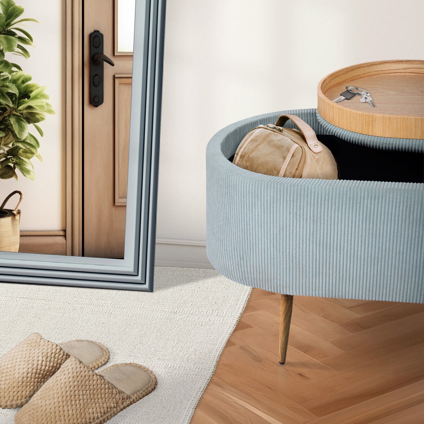 Coffee Table Storage Ottoman - Corduroy Padded Blanket Box Bench ESME - DUSTY BLUE - Image 7