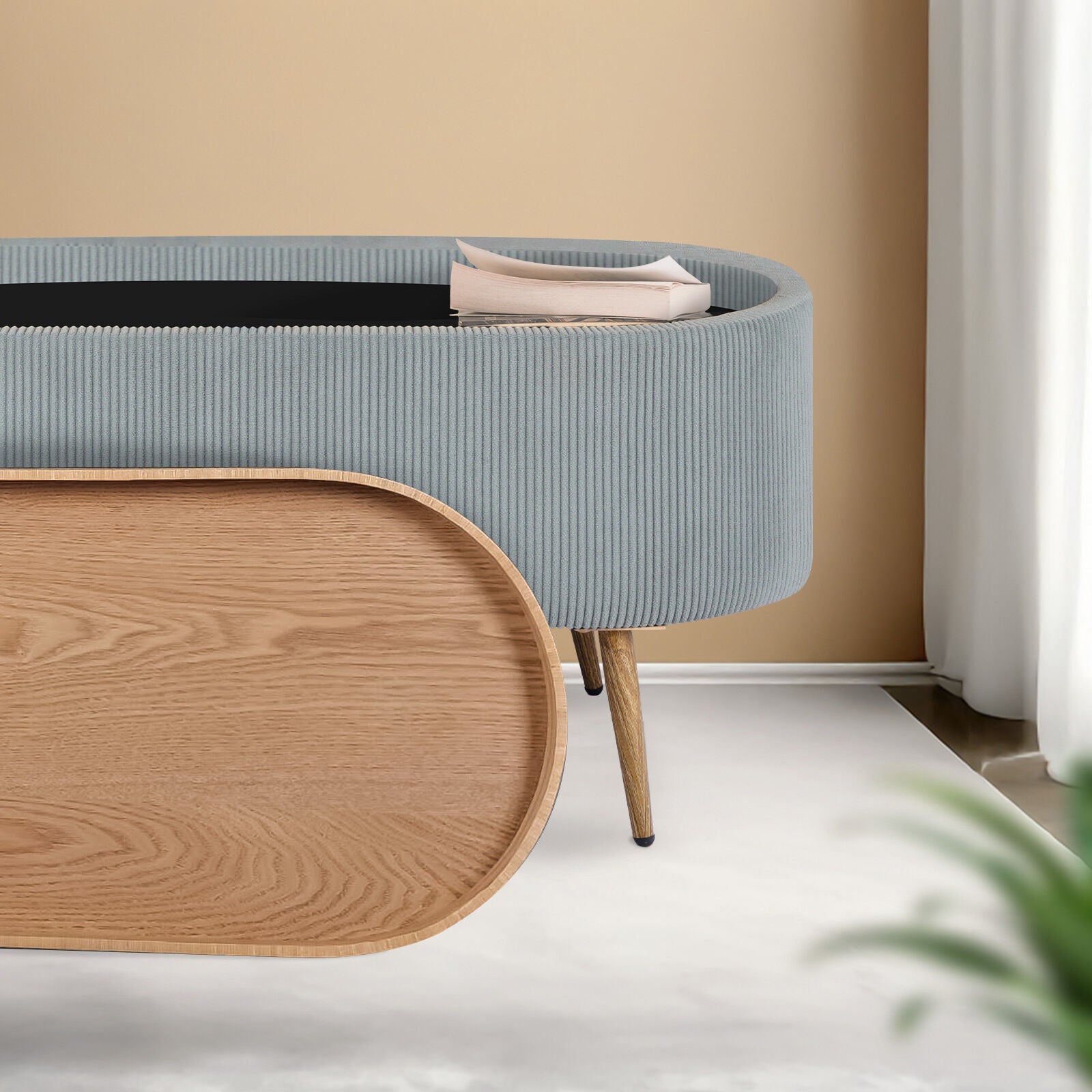 Coffee Table Storage Ottoman - Corduroy Padded Blanket Box Bench ESME - DUSTY BLUE - Image 9